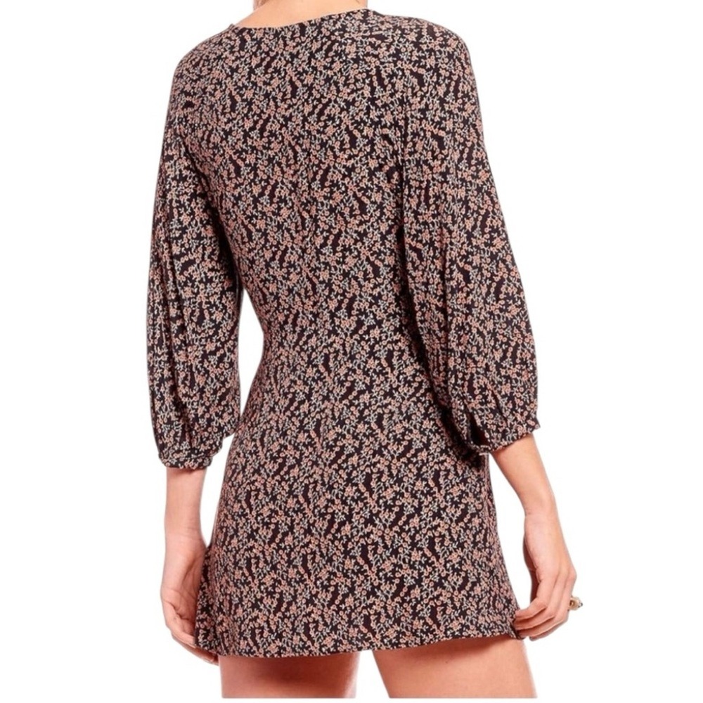 Free People Black Floral Print Tie Waist V Neck Mini Dress Womens XS boho beach - Picture 2 of 6